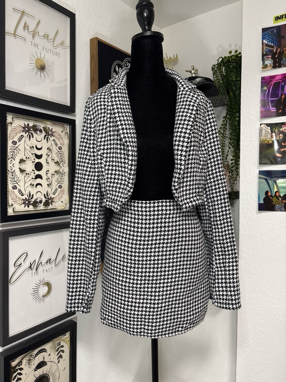 SHEIN Black White Houndstooth Skirt & Blazer Set Cropped Blazer Size: Large